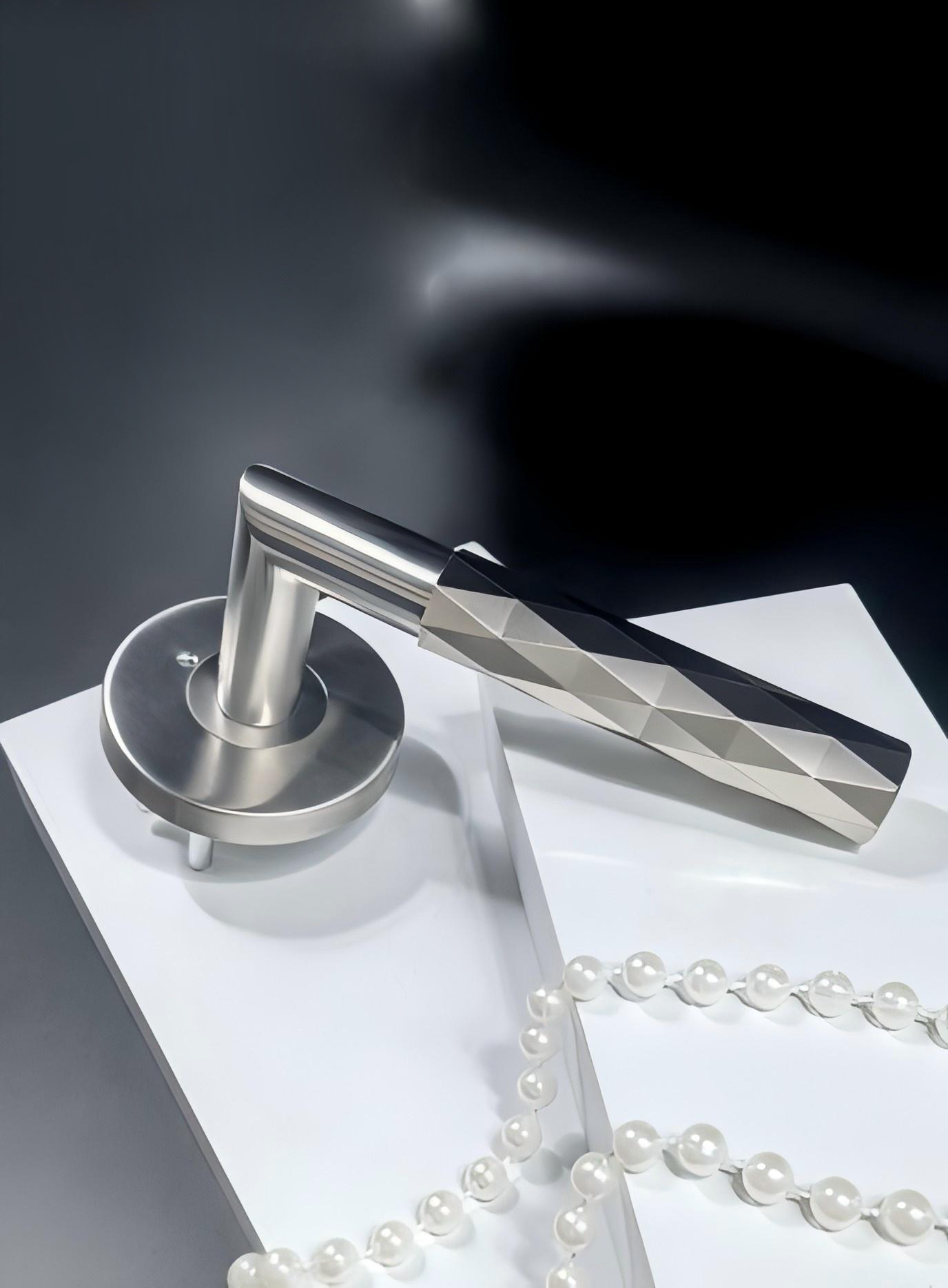 Close-up of Knurled Door Lever texture on a Chrome Lever Handle for luxury grip